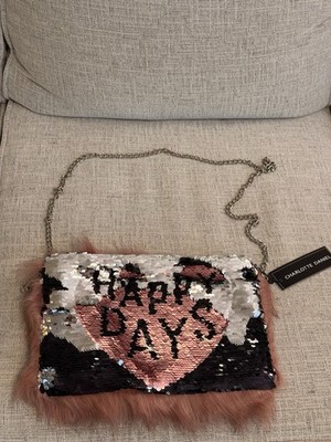 NWT Charlotte Daniel Flip Sequin Faux Fur Clutch Purse Chain 11x7.5 