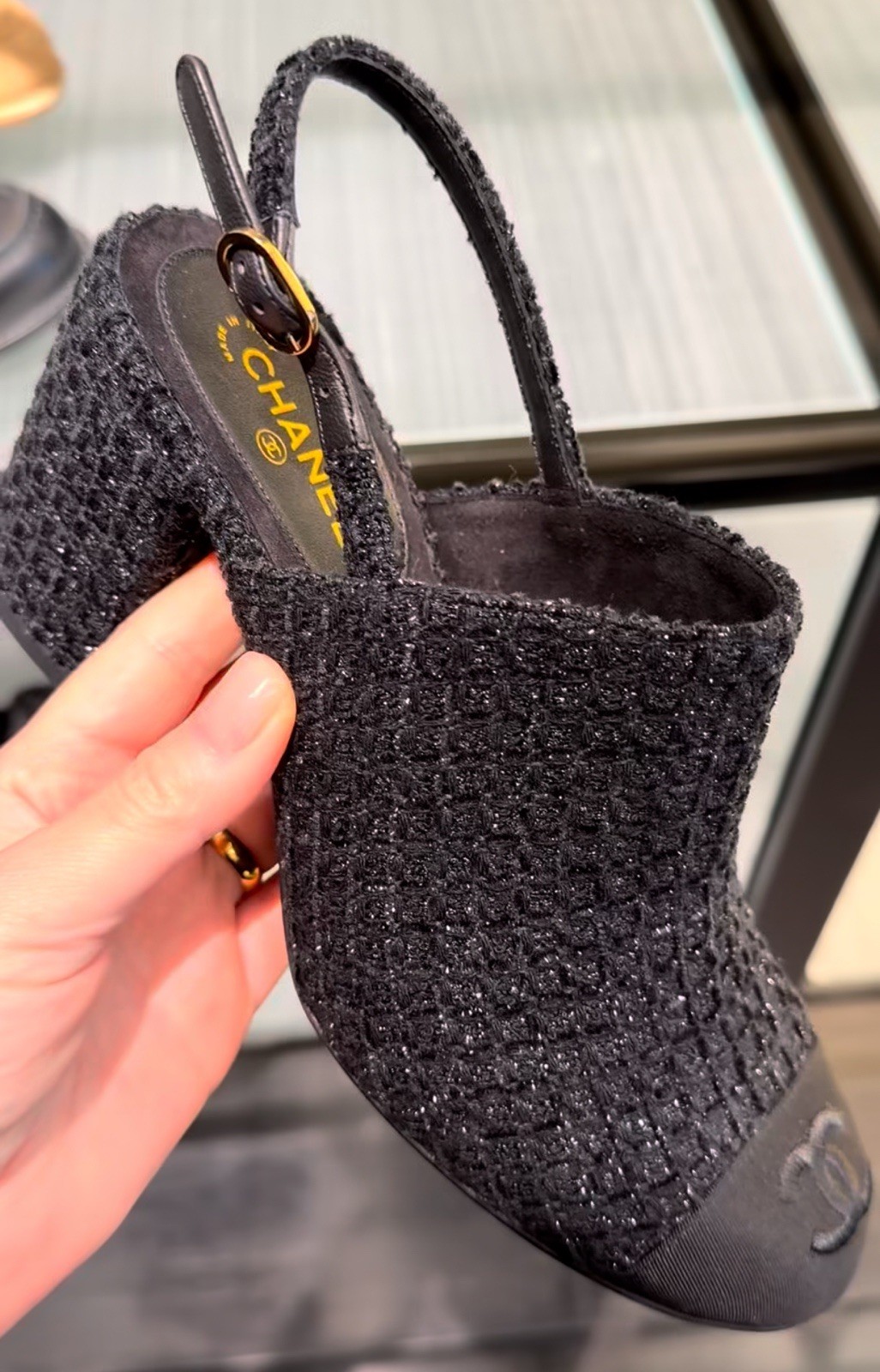 CHANEL Tweed CC Logo Block heel Slingback Mules Shoes