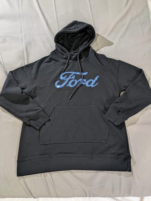 Ford Hoodie Men Small Black Pullover Fleece Sweatshirt Blue Script Logo Licensed