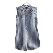 BeachLunchLounge Shirt Dress Womens L Blue White Striped Floral Embroidered Boho