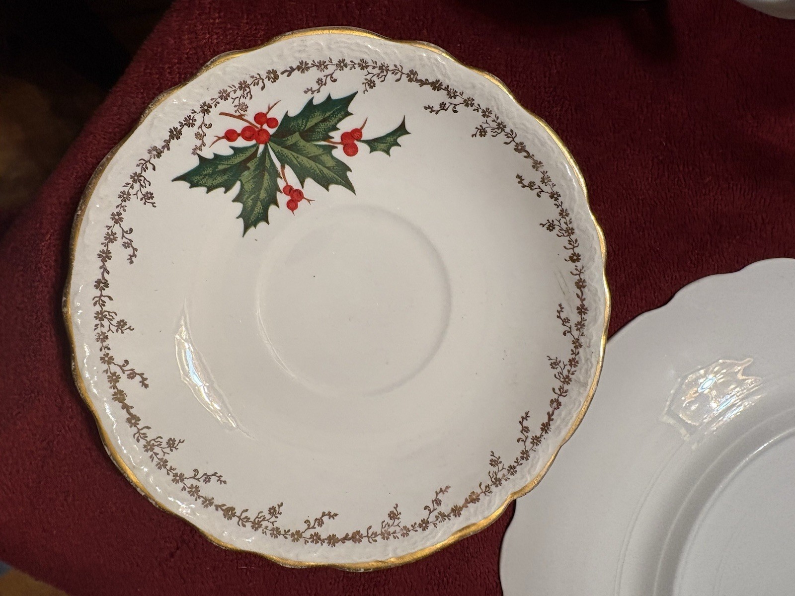 Rare Vintage Homer Laughlin Hudson Set Xmas Plate Cup Saucer Holly Berry Gold 3