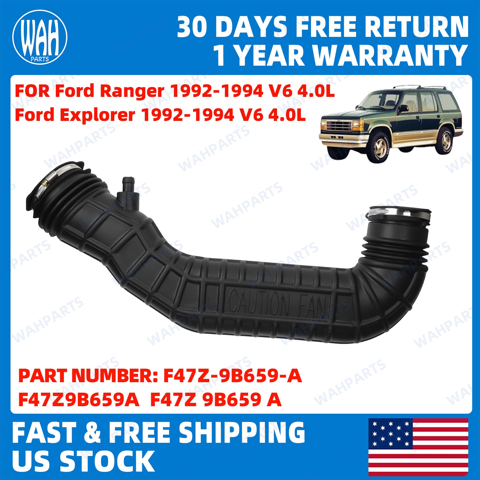 For 1992-1994 Ford Ranger / Explorer V6 4.0L Black Air Intake Hose F47Z-9B659-A