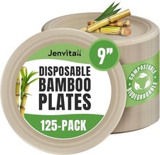 Bamboo Paper Plates Compostable 125-Pack, 9-inch Sturdy Microwave Safe
