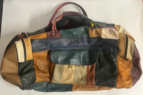 Vintage LEATHER PATCHWORK Large Shoulder Crossbody Travel DUFFLE BAG Boho Mod