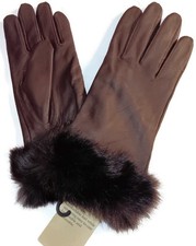 Women's BROWN FUR CUFF Leather Gloves, XLarge, New.