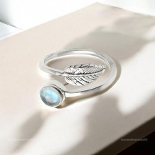 Rainbow Moonstone Gemstone Solid Silver Cocktail Leaf Crown Chakra Ring Size 7