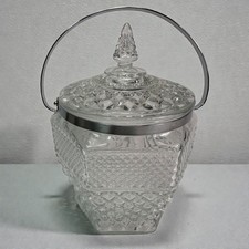 Vintage Cut Glass Ice Bucket Diamond Pattern Pineapple Lid MCM Barware
