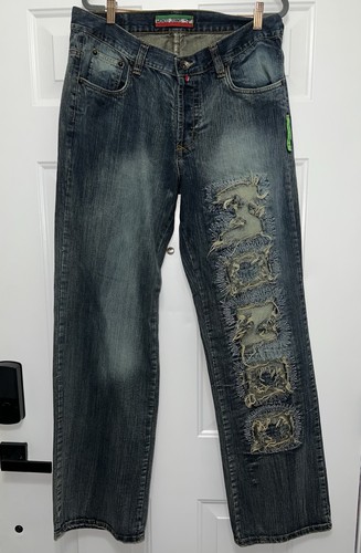 VTG Mondo Y2K Denim Jeans Streetwear Button Fly Distressed Worn Skate Sz 36X34 - Picture 2 of 11