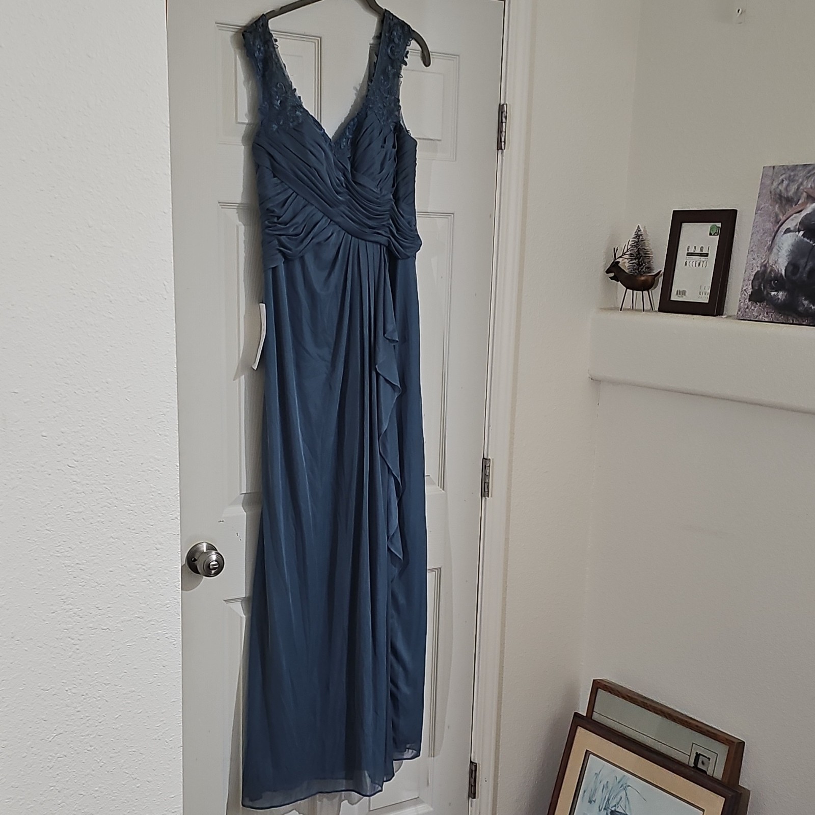 Azazie Edelin Chiffon Gown Twilight Blue A12 V-Neck Embroidered Pleated