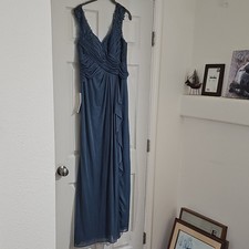 Azazie Edelin Chiffon Gown Twilight Blue A12 V-Neck Embroidered Pleated