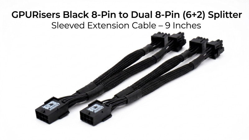 2 Pk GPURisers Black 8-Pin to Dual 8-Pin (6+2) Splitter Sleeved Extension Cable