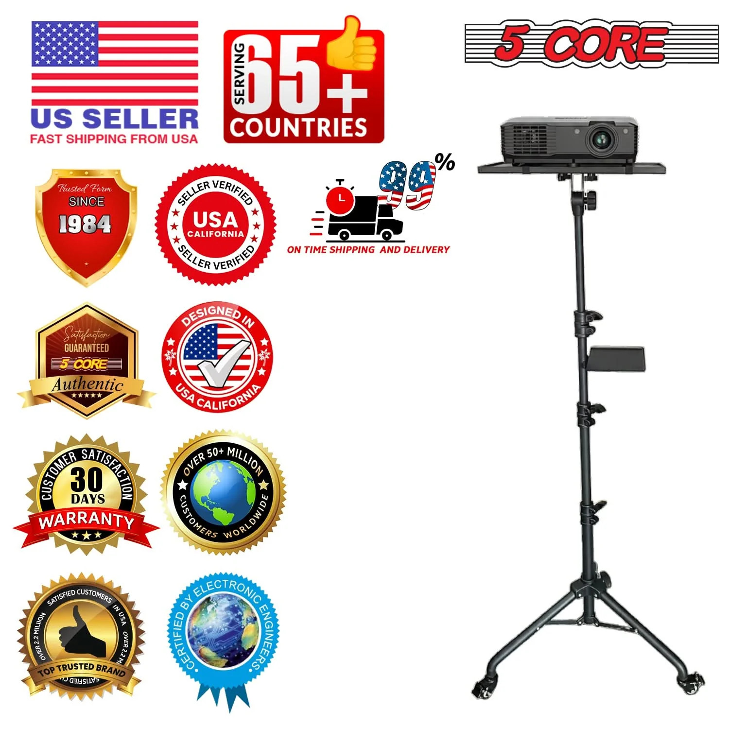 Projector Stand 29.5 to 71" Adjustable Tripod 3 Shelves Portable w Phone Holder