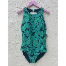 Lands' End Womens XL High Neck One Piece Swimsuit Tropical Palm Leaf Green Navy