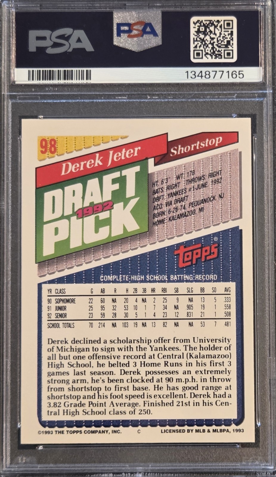 1993 Topps #98 Derek Jeter RC / PSA-9 MINT / Should be 10 IMHO - Please Read view 4