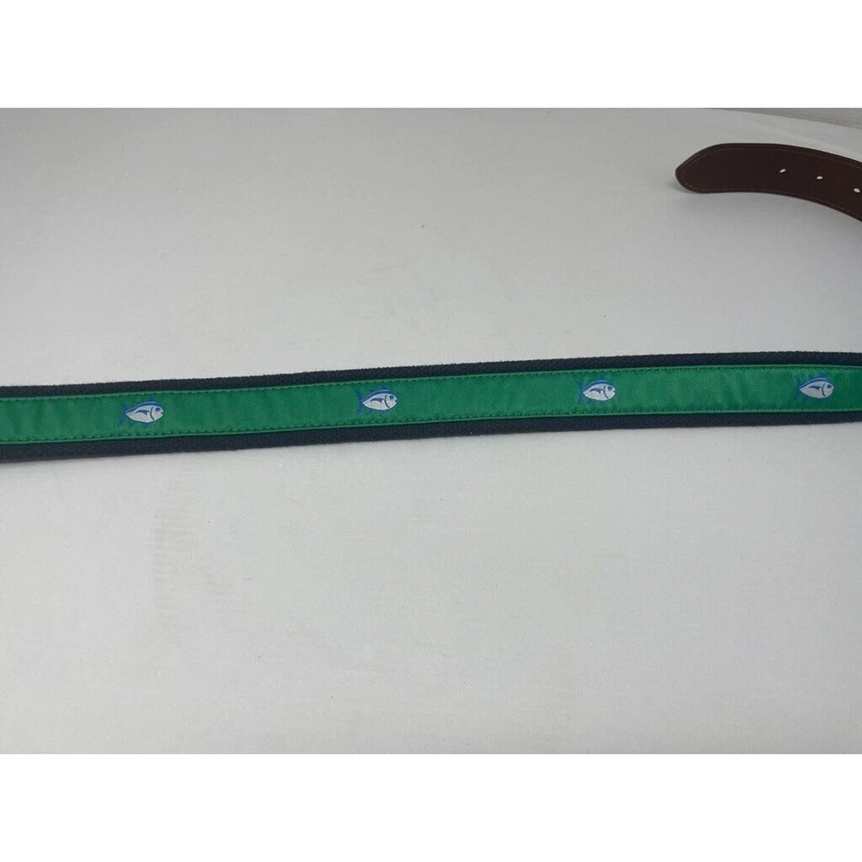Southern Tide 1993 Belt Nautical Fish Men Sz 32 Navy Green Ribbon Canvas Leather - Image 4 of 4