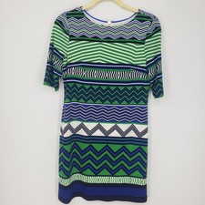 Eliza J Sheath Dress Geometric Print Short 3/4 Sleeve Size 4 Green Navy Work