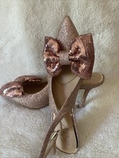 Jewel Badgley Mischka Glitter Rose Gold Glam Heels With Sequined Bow Size 6