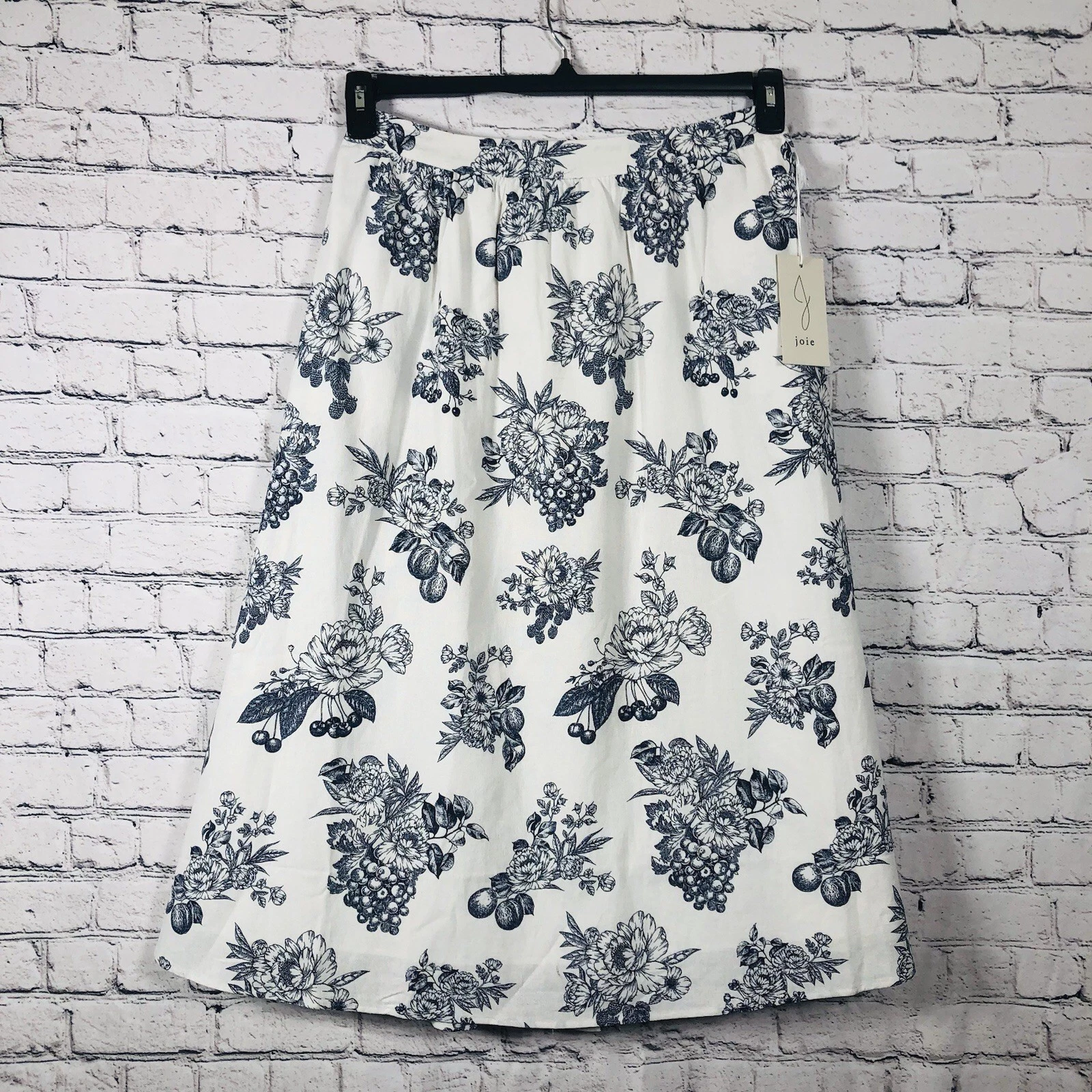 Joie Women's Pull On Tropical Floral Linen Midi Blue And white Skirts Size L