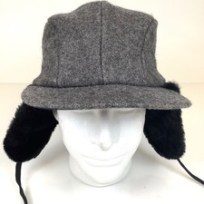 Vintage Trapper Hat USA Made Gray Wool Blend Ear Flaps Cap Size L Hunting Winter
