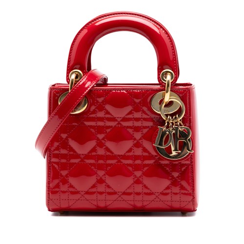 Dior Mini Patent Cannage Lady Pre-Loved Satchel Red