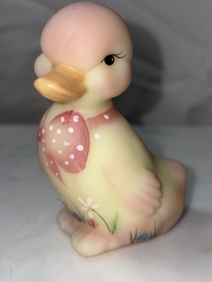 Rare Vintage Fenton Uranium Burmese Polka Dot Bow & Floral Duckling *K.Rogers*