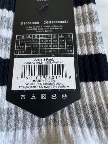 New Stance Designer Mens 3 Pack Striped Crew Cut Socks Mixed Striped Size L - Picture 6 of 7