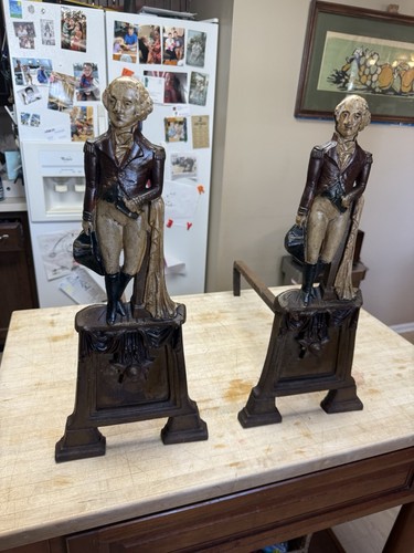 ANTIQUE GEORGE WASHINGTON PEDESTAL CAST IRON ANDIRONS FIREDOGS Original Paint