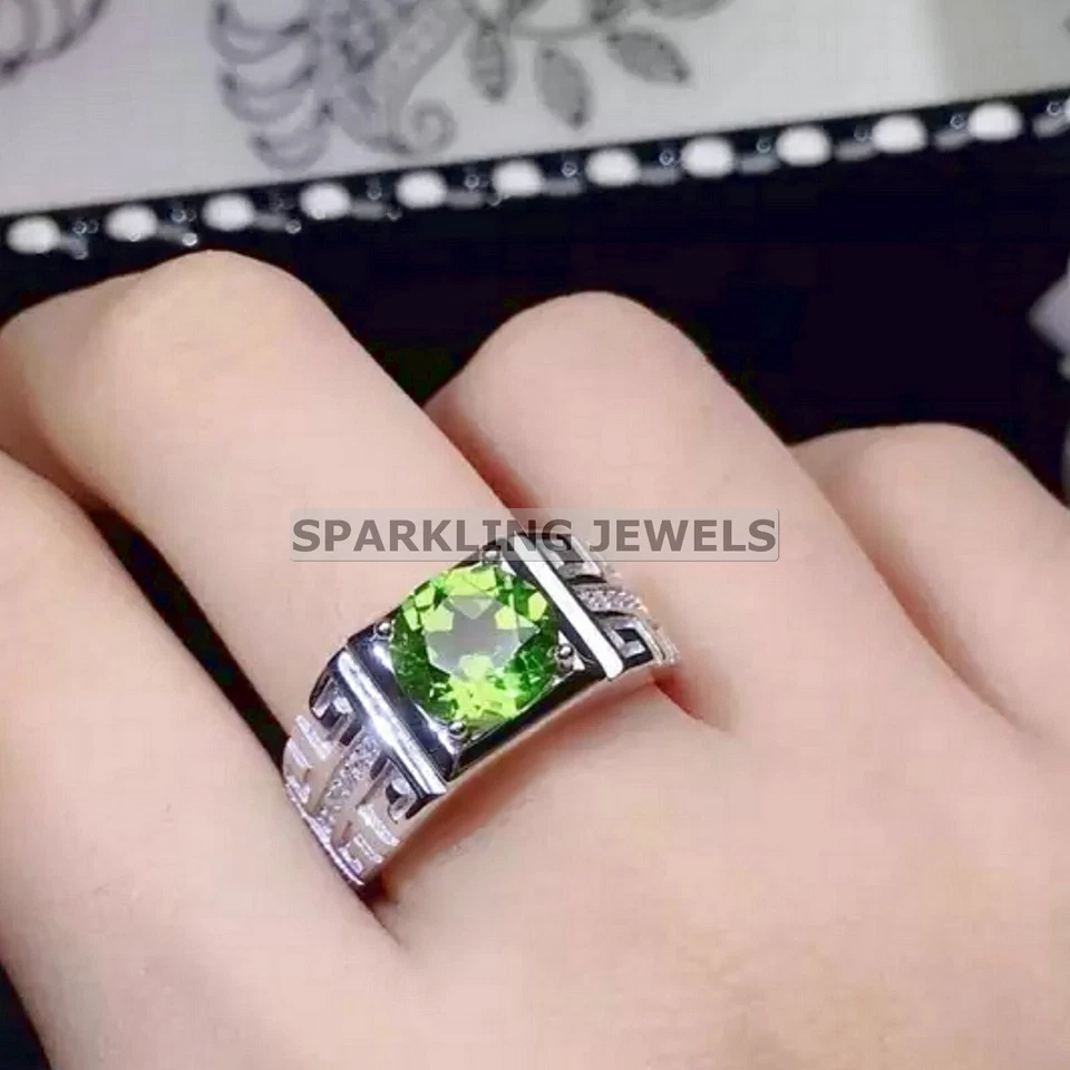 Calibrated Peridot Round Cut With 925 Sterling Silver Ring For Men #C287 - Image 3 of 4