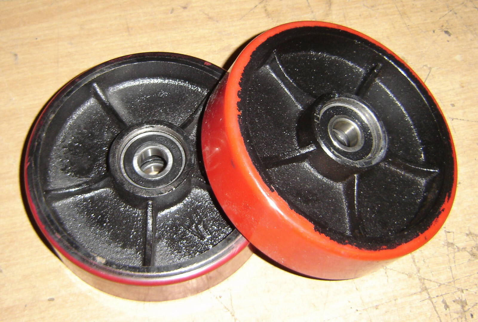 2x Hand Pallet Truck Steer Wheels, Red Polyurethane on Iron, ø200 x