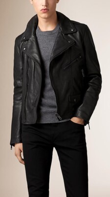 Leather Men Bomber Genuine Leather Black Motorcycle Biker Jacket XS-2XL FB193