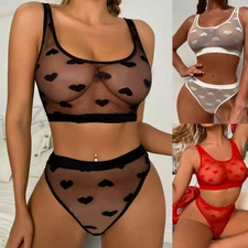 Sexy Womens See Through Mesh Tank Bra Set Panties Babydoll Sleepwear Lingeries