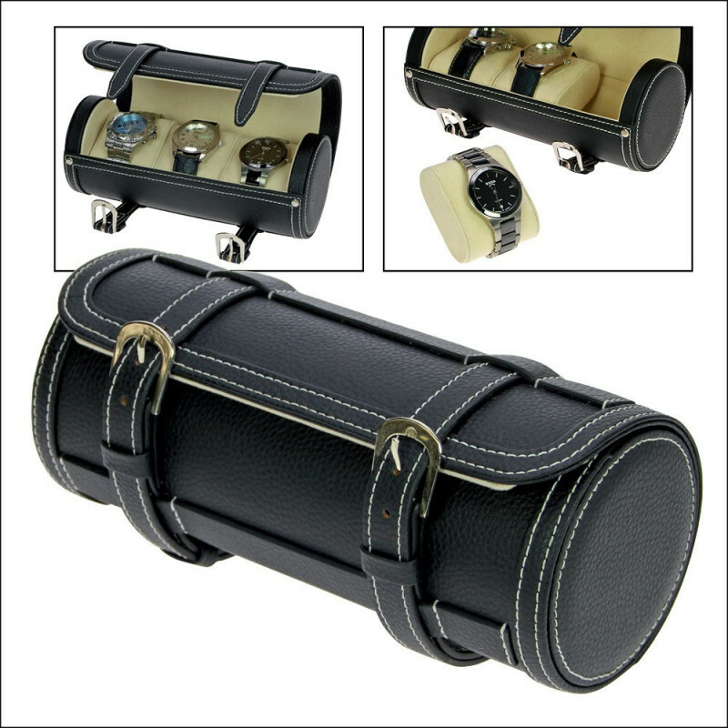 Étui pour 3 montres en cuir grainé avec coussins amovibles