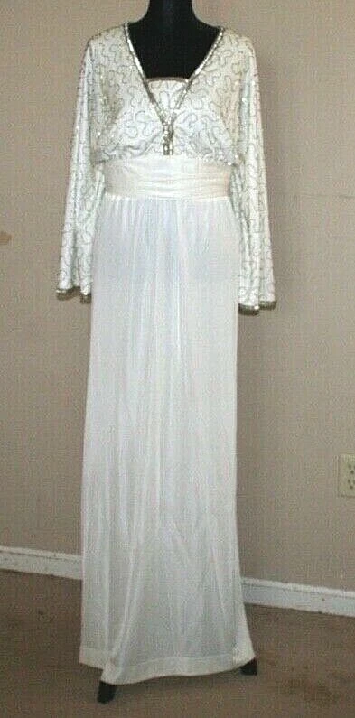 Vintage 60s 70s Jack Bryan Dupuis Maxi Dress Size 14 16 Ivory Silver Beaded - Image 2 of 4