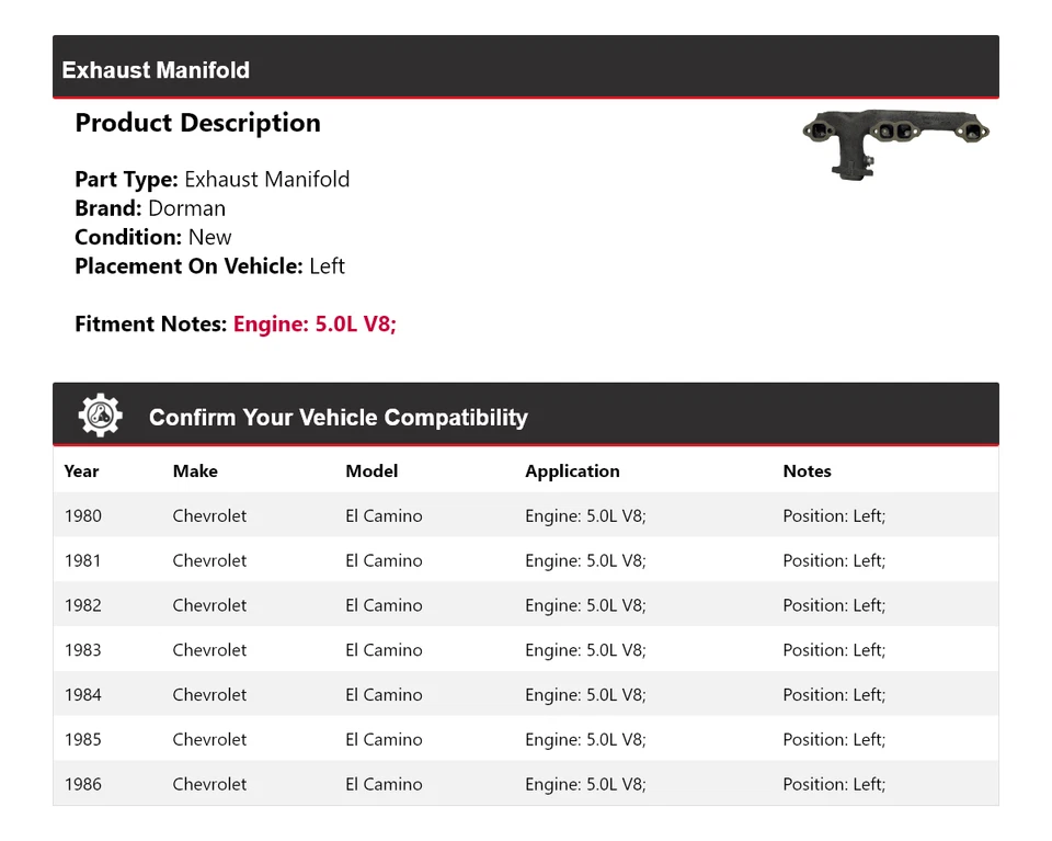 Левый выпускной коллектор для Chevrolet El Camino 5,0 л V8 Dorman 1980-1986 годов выпуска 1981 - Изображение 2 из 4