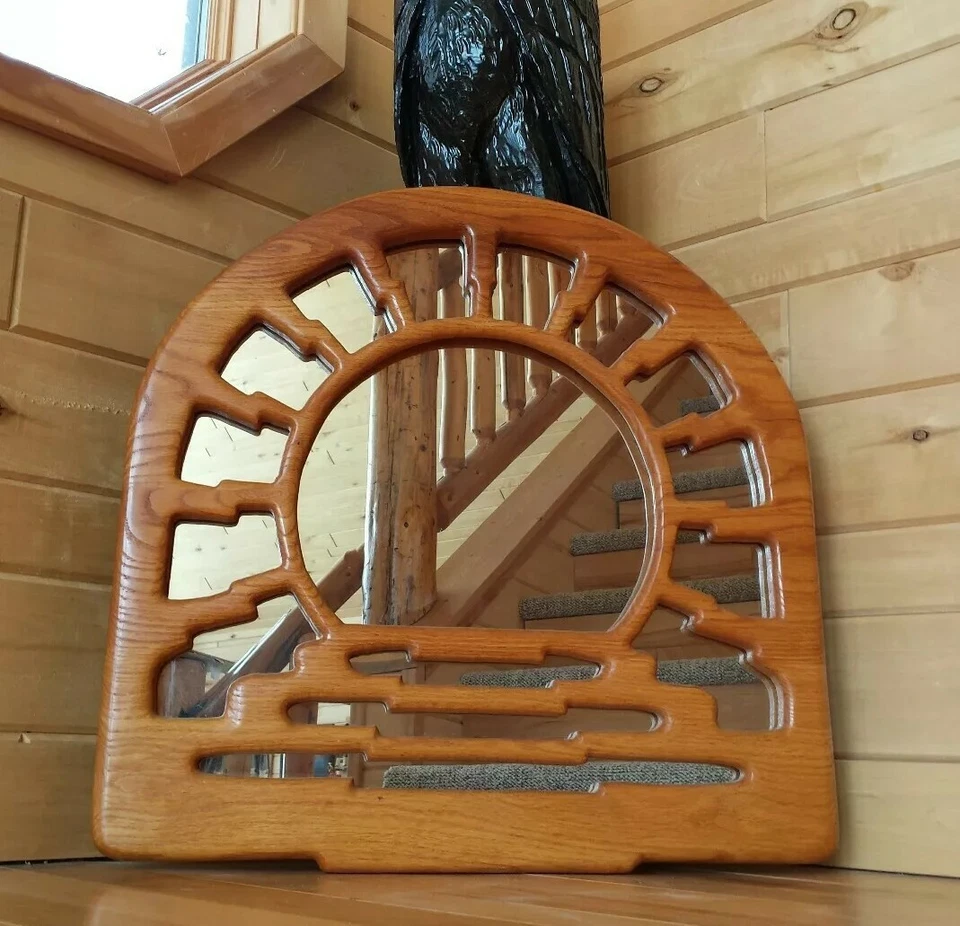 Espejo de pared bandera japonesa amanecer roble esculpido personalizado 24 x 24 budismo arte zen Foto 4 de 4