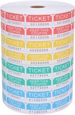 8000 Assorted Double Raffle Tickets 2000 per Roll 50/50 Blue Green Red Yellow