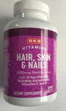 H-E-B HAIR SKIN and NAILS 240 Tablets Multivitamin 3000 mcg Biotin New Sealed