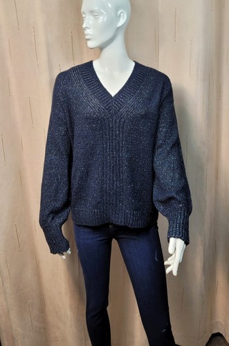 PER UNA Cotton & Wool mix Sparkly V-NECK JUMPER ~ Size L ~ NAVY - Picture 5 of 6