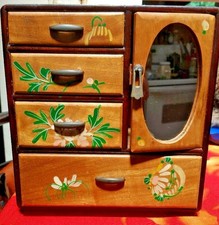 VINTAGE WOODEN JEWELRY BOX HAND PAINTED MIRROR DRAWERS UNIQUE