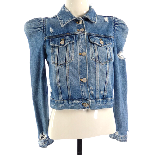 Zara Denim Jacket Puff Sleeve Cropped Distressed Alexis Rose Bloggers size XS - Picture 10 of 10