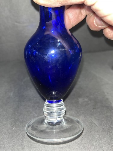 Cobalt Blue Handblown Art Glass 8” Tall Bud Vase Clear Coiled Foot - Picture 2 of 4