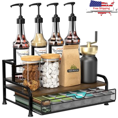 3-Tier Coffee Syrup Organizer Rack 8 Bottle Holder W/ 35 K Cup Storage New