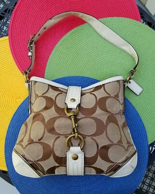 Auth COACH Beige & Brown Signature Jacquard White Leather Brass