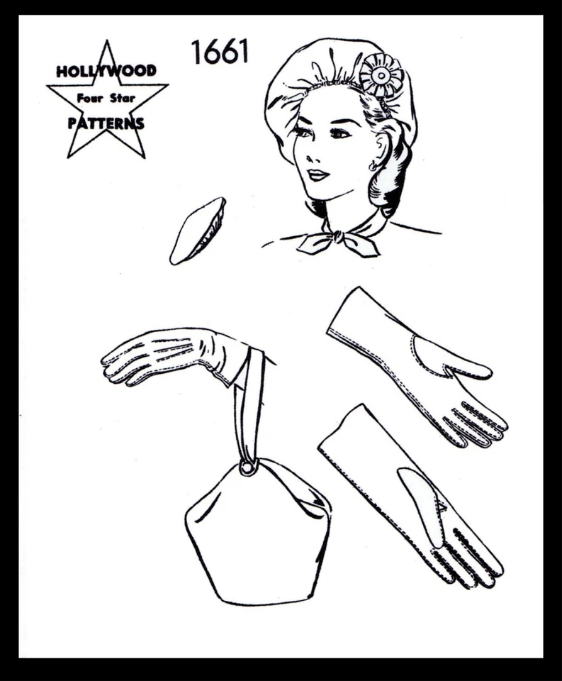 Hollywood 1661 Pattern Beret Hat Bag Gloves 1940's - Image 3 of 4