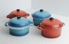 Lot of 4 9.6 oz Stoneware Individual Lidded Handle Casserole Dish Blue & Orange