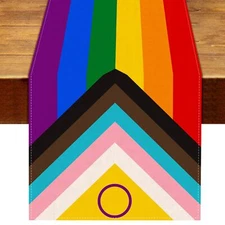 New Intersex Progress Pride Table Runner June LGBTQ+ Gay Rainbow Indoor Outdo...
