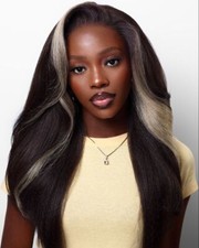 Yaki Straight Human Hair Lace Front Wigs Pre Plucked 613 Blonde Highlight Wigs