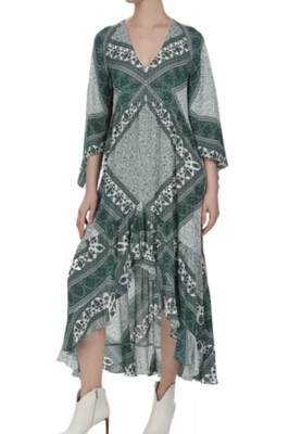 Ba&sh Bash Dress US Ss S Emeraude Maxi Midi Ruffle V Neck Dress Flare Sleeves D5