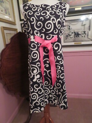 black and white dress with pink belt Retro Stage Off-Shoulder Bow Belted Midi Dress Pink & Black