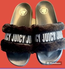 New Juicy Couture Black Slide On Slippers/Sandals Logo In Shiny Silver Sz 6.5M